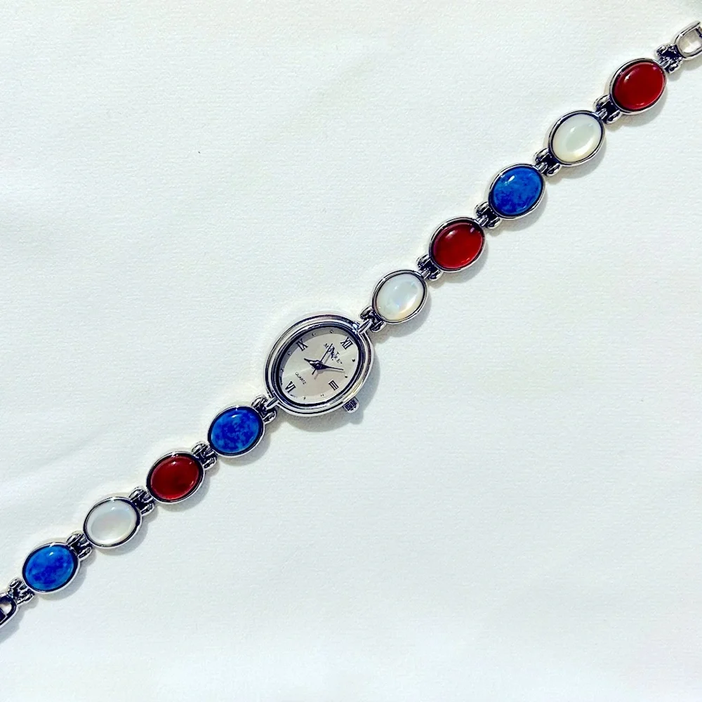 Women's N Moore Silver-toned Watch w/Lapis Lazuli, Mother of Pearl and Car…
